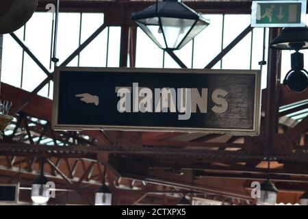 'Trains' sign in Moor Street railway station, Birmingham Stock Photo