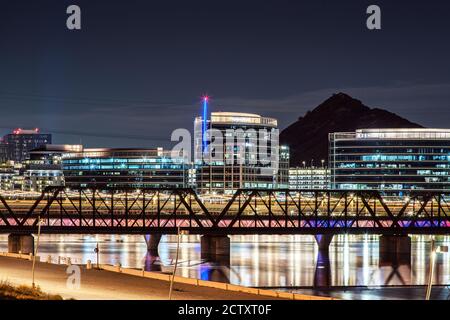 Evening view of the four bridges crossing Tempe Town Lake in Tempe Arizona. Stock Photo