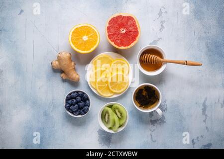 Healthy products for Immunity boosting and cold remedies, top view. Stock Photo