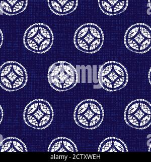 Vector blue shibori quilt large abstract circle seamless pattern with canvas background. Suitable for textile, gift wrap and wallpaper. Stock Vector