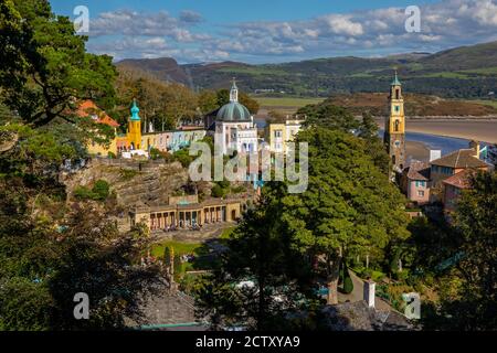 The stunning view from the Gazebo looking over the village of Portmeirion and the Dwyryd Estuary in North Wales, UK. Stock Photo