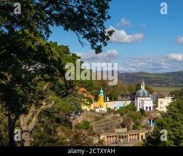 The stunning view from the Gazebo looking over the village of Portmeirion and the Dwyryd Estuary in North Wales, UK. Stock Photo