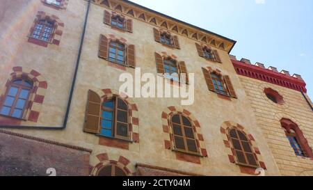 Close-up of the facade of the famous castle of Barolo in the province of Cuneo, Piedmont. Stock Photo