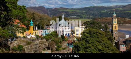 The stunning panoramic view from the Gazebo looking over the village of Portmeirion and the Dwyryd Estuary in North Wales, UK. Stock Photo