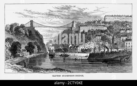 Clifton Suspension Bridge in Bristol, England Victorian Engraving, Circa 1840 Stock Photo