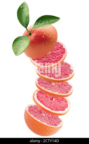 sliced grapefruit with leaves isolated on a white background. Stock Photo