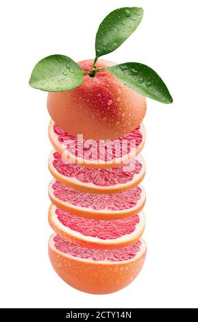 sliced grapefruit with leaves isolated on a white background. Stock Photo