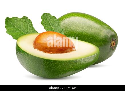 avocado with half of avocado and green leaves isolated on a white background. Stock Photo