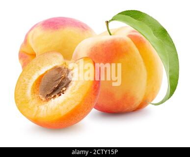 peaches with leaf isolated on a white background. Stock Photo