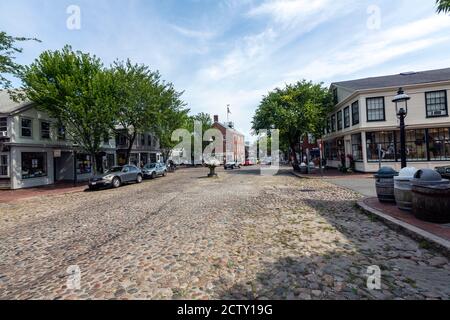 The cobblestone Main Street in historic downtown Nantucket, Nantucket island, Massachusetts, USA