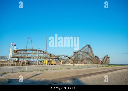 A Large Wooden Roller Coaster on a Pier at the Boardwalk in Wildwood New Jersey Stock Photo