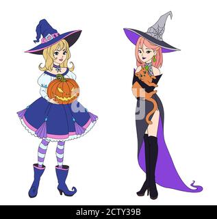 Set of two witches holding red cat and Halloween pumpkin. Multinational girls. Hand drawn vector illustration for frame, greeting cards, children game Stock Vector