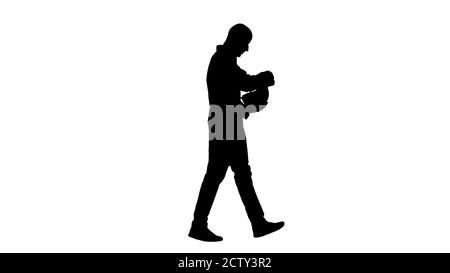 Silhouette Science engineer walking and putting helmet on. Safety concept. Stock Photo