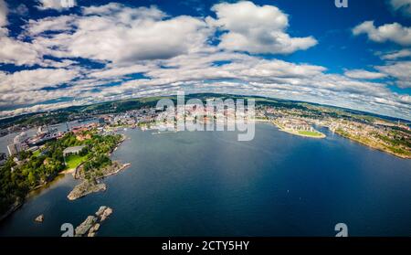 Drone view of Kristiansand town and Kvadraturen from Oderoya, Norway Stock Photo