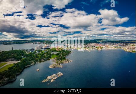 Drone view of Kristiansand town and Kvadraturen from Oderoya, Norway Stock Photo