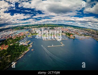 Drone view of Kristiansand town and Kvadraturen from Oderoya, Norway Stock Photo