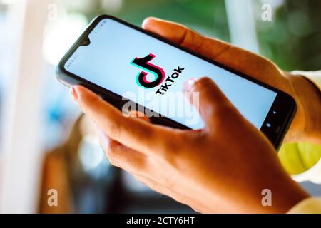 Brazil. 4th July, 2020. In this photo illustration the TikTok logo seen displayed on a smartphone. Credit: Rafael Henrique/SOPA Images/ZUMA Wire/Alamy Live News Stock Photo