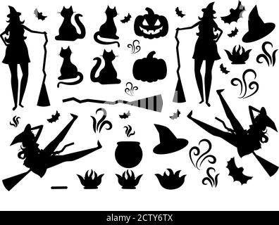 It is Halloween icons in flat style in this picture. There are witch, hat, cat, boiler, fire, bonfire, pumpkin, broom. Stock Vector