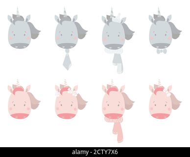 Set of cute portraits of unicorns - a boy and a girl with a mane and a horn. Various decorative elements with flowers and hearts, tie and scarf Stock Vector