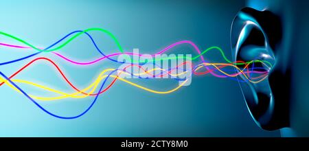 Human ear with incoming vibrations of different frequencies, 3d illustration. Stock Photo