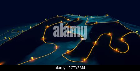 Overview of waypoints on a winding hiking trail through mountains, 3d illustration. Stock Photo