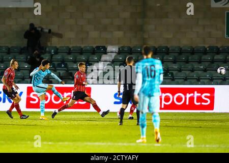 Liverpool midfielder Curtis Jones (17) shoots and scores his team's third goal during the English League Cup, EFL Carabao Cup, football match between Stock Photo