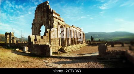 Ancient Roman ruins at an archaeological site, Volubilis, Morocco Stock Photo