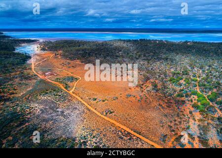 Aerial view of outback road to Lake Dundas, Western Australia Stock Photo