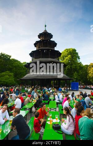 Tourists at restaurant near Chinesischer Turm with Beer Garden, Englischer Garten, Munich, Bavaria, Germany
