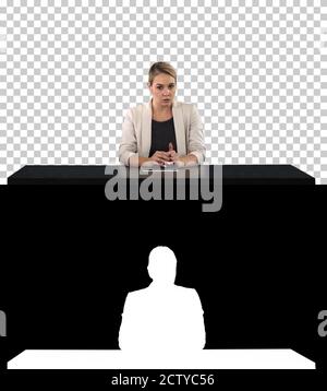 A female newsreader presenting the news, add your own text or im Stock Photo