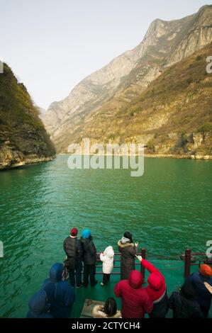 Tourists in a riverboat going to the Little Three Gorges, Wushan, Yangtze River, Chongqing Province, China Stock Photo