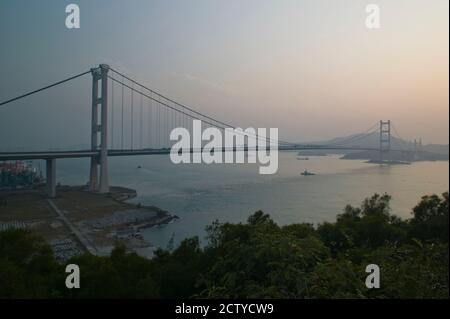 Suspension bridge across a channel, Tsing Ma Bridge, Ma Wan Channel, New Territories, Hong Kong Stock Photo