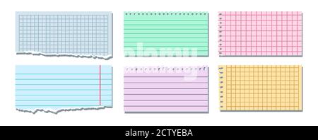 Torn colored note set. Notebook paper sheets in a cage, in a line, pieces ripped note. Blank notepad pages. Collection empty piece tears paper, sheets scrapbook. Vector illustration isolated Stock Vector