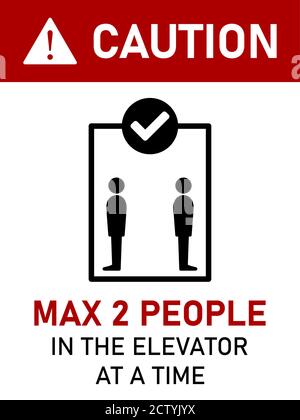 Caution Max 2 People in the Elevator at a Time Vertical Social Distancing Instruction Sign with an Aspect Ratio 3:4. Vector Image. Stock Vector