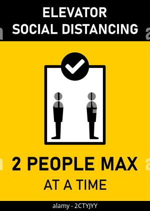 Elevator Social Distancing 2 People Max at a Time Vertical Warning Sign with an Aspect Ratio of 3:4. Vector Image. Stock Vector