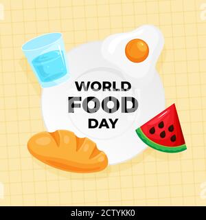 World food day celebration poster background design. various kinds of food and drink icon on plate vector illustration Stock Vector