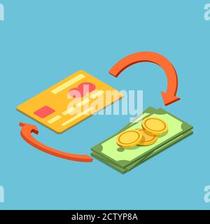 Flat 3d isometric credit card and money with cash back sign. Credit card cash back and payment concept. Stock Vector