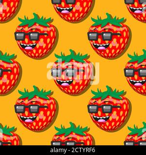 seamless strawberry cartoon pattern with glasses smile on orange background. Vector image Stock Vector