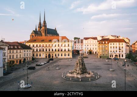 Brno, Czech Republic - September 13 2020: Cabbage Market or Zelny Trh with Baroque Parnas Fountain and Cathedral of Peter and Paul