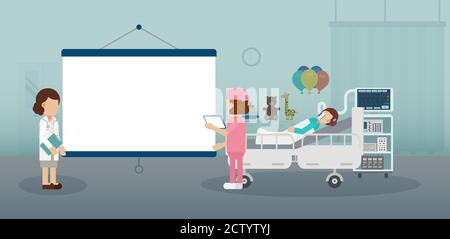 Pediatrics ward with blank screen projector, pediatrician  and patient flat design vector illustration Stock Vector
