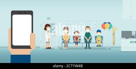Blank screen mobile phone in pediatrics clinic flat design vector illustration Stock Vector