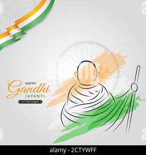 2 October Happy Gandhi Jayanti Abstract sketch of Gandhi Ji Lineart Vector illustraion with Indian Flag Tri colors and Ashoka wheel for Gandhi Jayanti Stock Vector