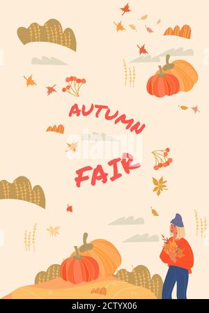 Autumn fair festival banner layout with pumpkins and woman, vector illustration. Stock Vector