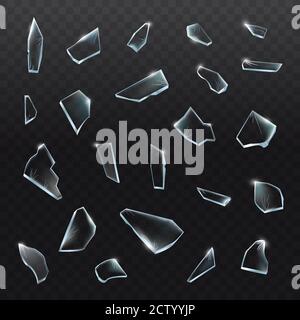 Broken glass pieces. Shattered glass on black background. Vector realistic illustration Stock Vector