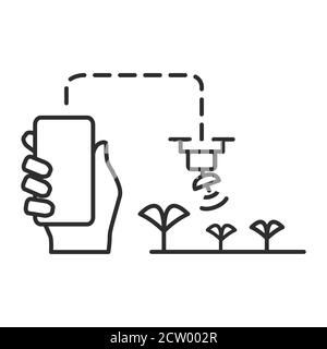 Farmer holds a smartphone with data from a drone about plants. Stock Vector