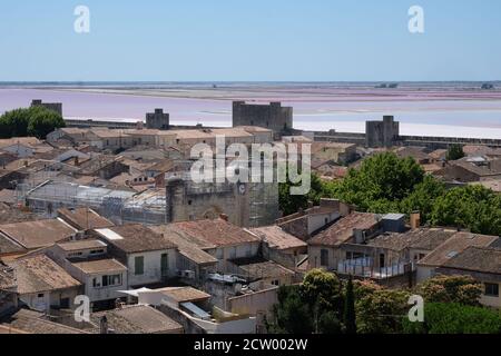 View from the medieval city walls of Aigues Mortes in south France towards the salth marsh of the salines where natural salt is harvested Stock Photo