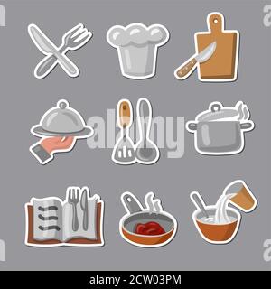 illustration of the cooking and preparation food cartoon stickers set Stock Vector