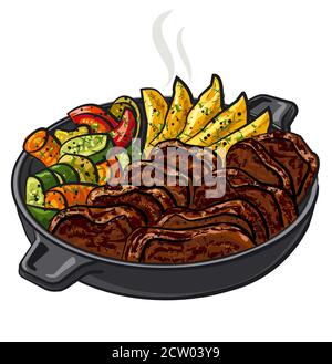 illustration of sliced roasted meat with vegetables in the pan Stock Vector
