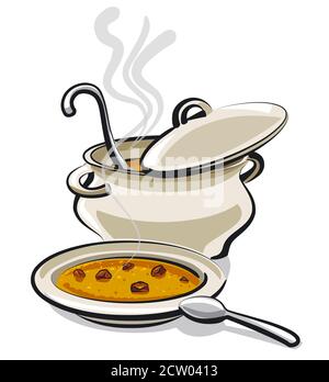 illustration of the pan and plate with a hot soup Stock Vector