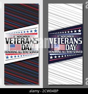 Vector layouts for Veterans Day, decorative leaflet with illustration of national red and blue striped flag of USA and unique lettering for words 11th Stock Vector